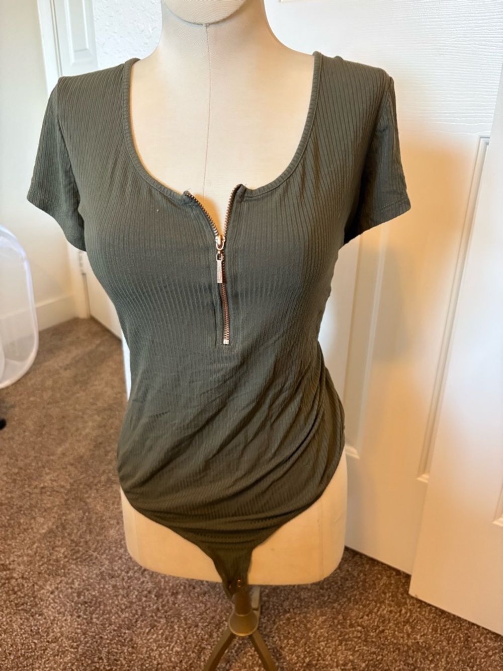Candie's Olive Green Ribbed Zip-Front Bodysuit